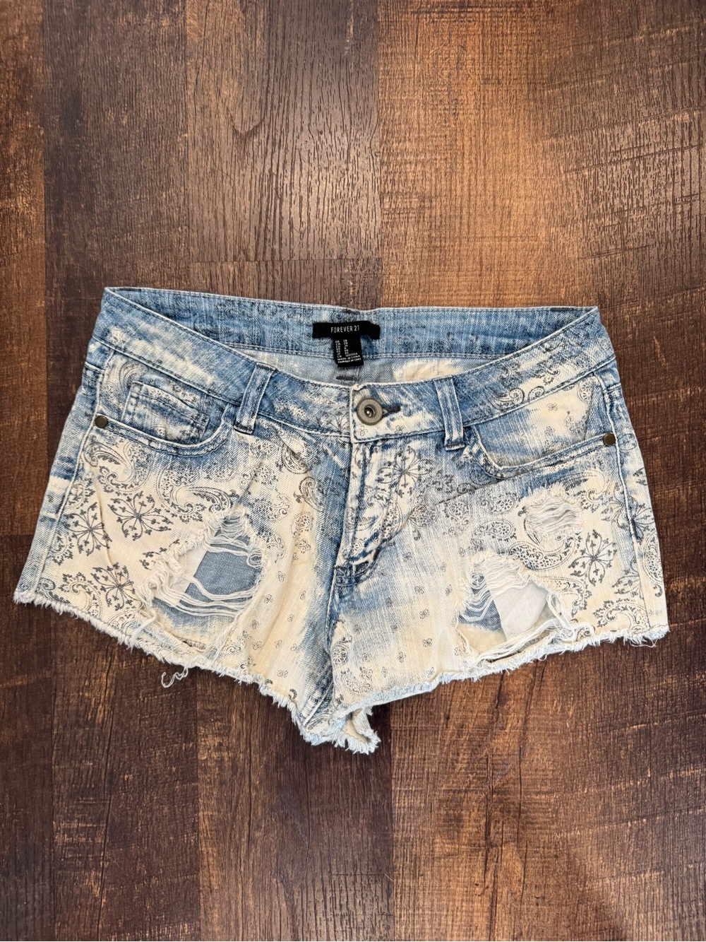 Forever21 blue and white distressed paisley denim shorts